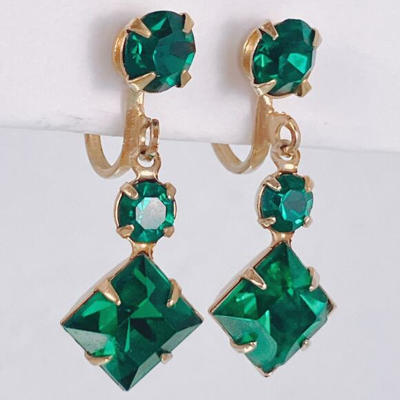 VTG 1940s 1950s Screw Back Earrings Green Rhinestone Cocktail Mid Century - Picture 2 of 9